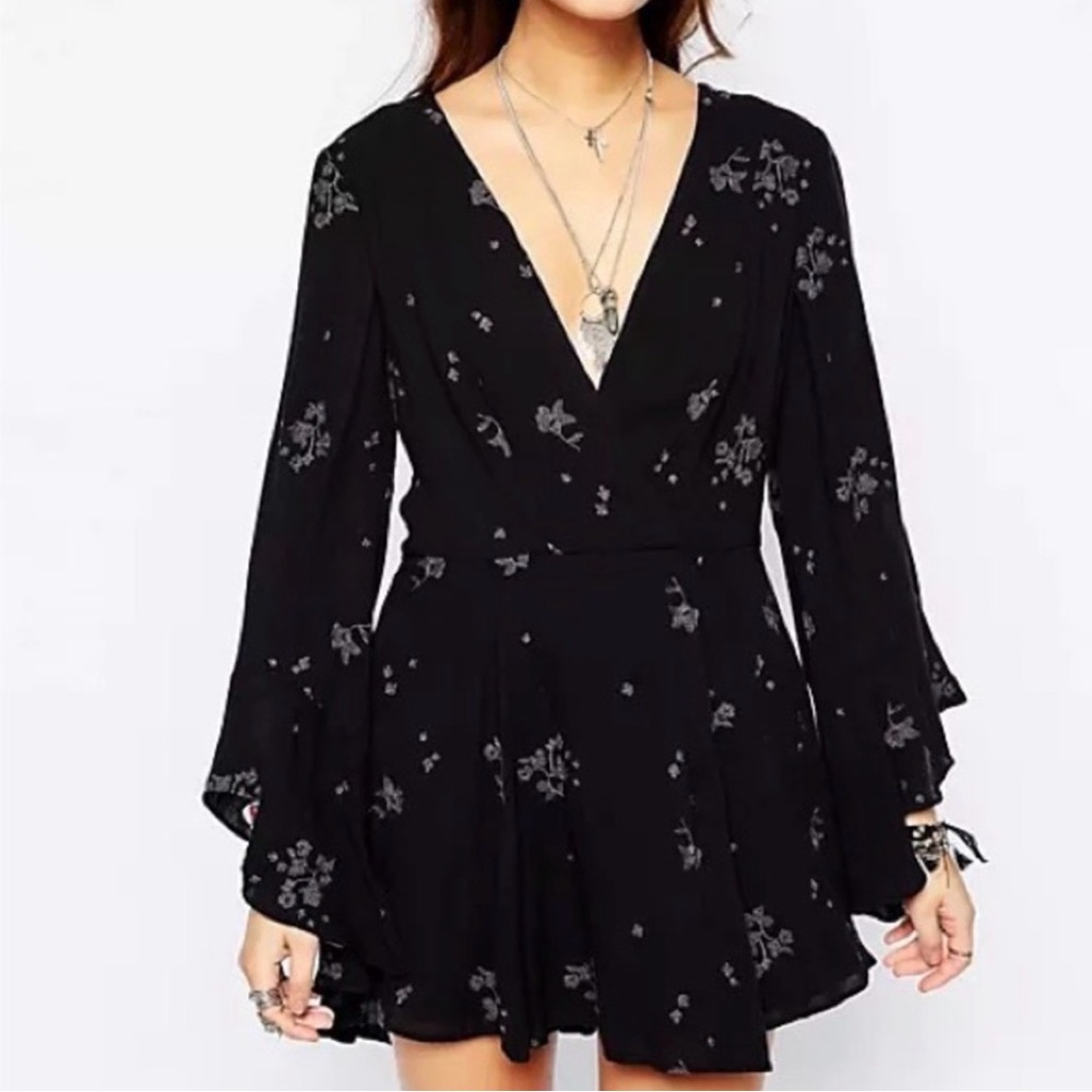 Free People Women’s Rayon Jasmine Embroidered Ruffle Sleeves Mini Black Dress 0